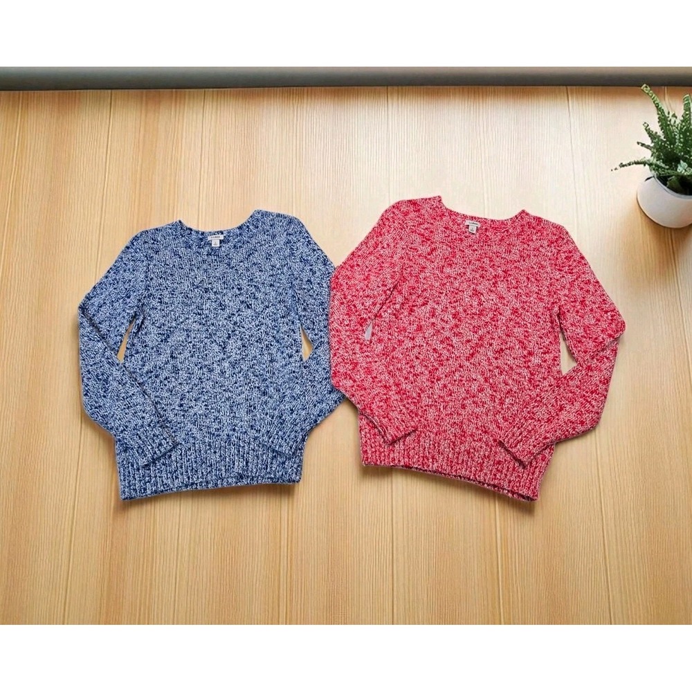 2 Vtg 90s LL Bean Size S Fisherman Sweaters Chunky Knit Marbled Cotton Blue Red